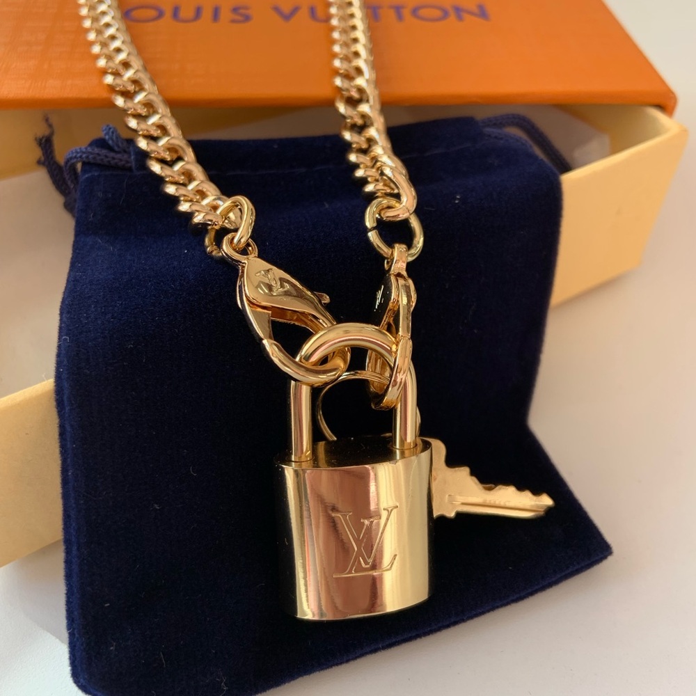 Louis Vuitton Brass working Lock and Key Necklace with logo chain